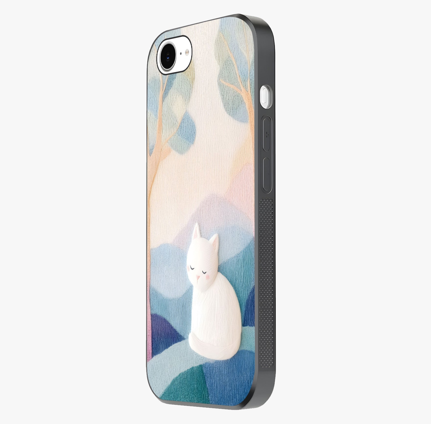 Cotton Dream Cat Glass Case photographed in natural light showing reflective finish and design depth.