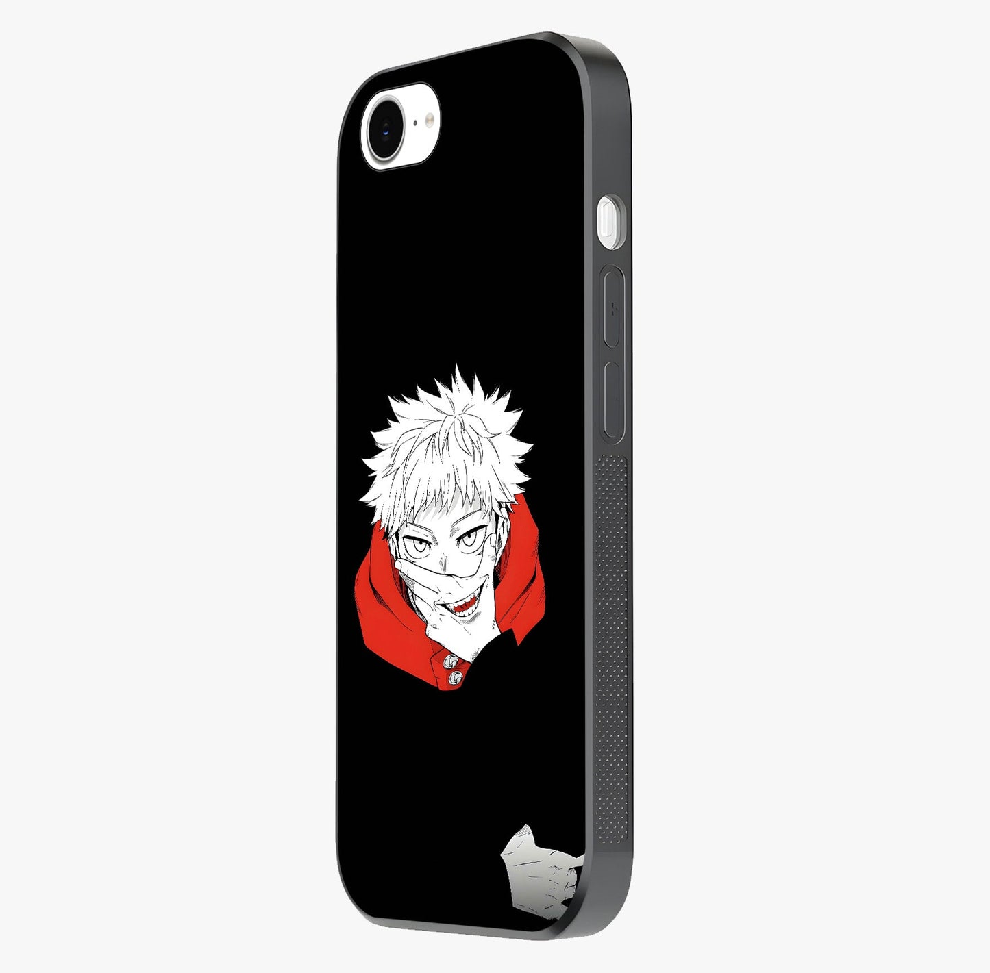Crimson Chaos Smile Glass Case photographed in natural light showing reflective finish and design depth.