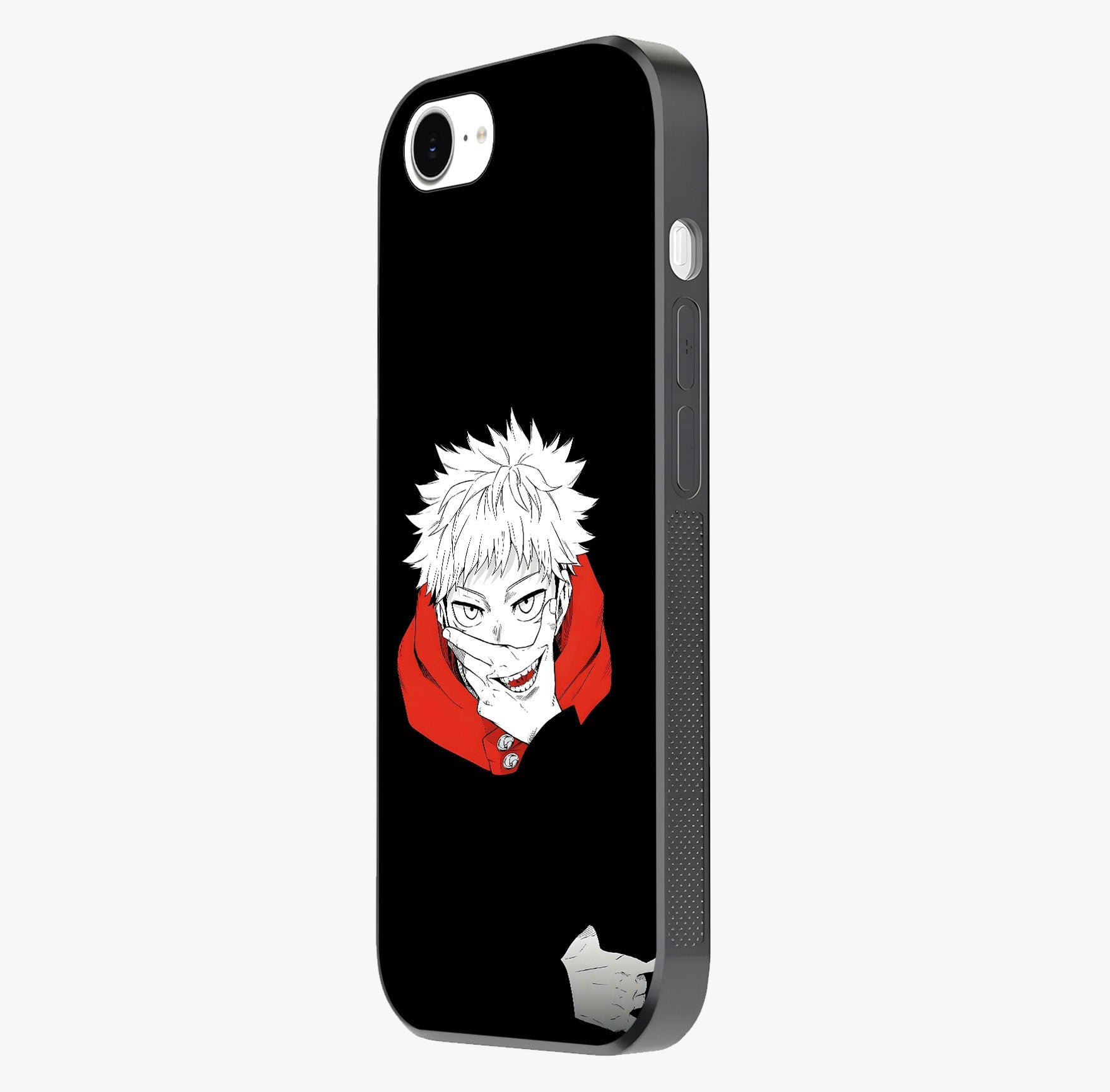 Crimson Chaos Smile Glass Case photographed in natural light showing reflective finish and design depth.