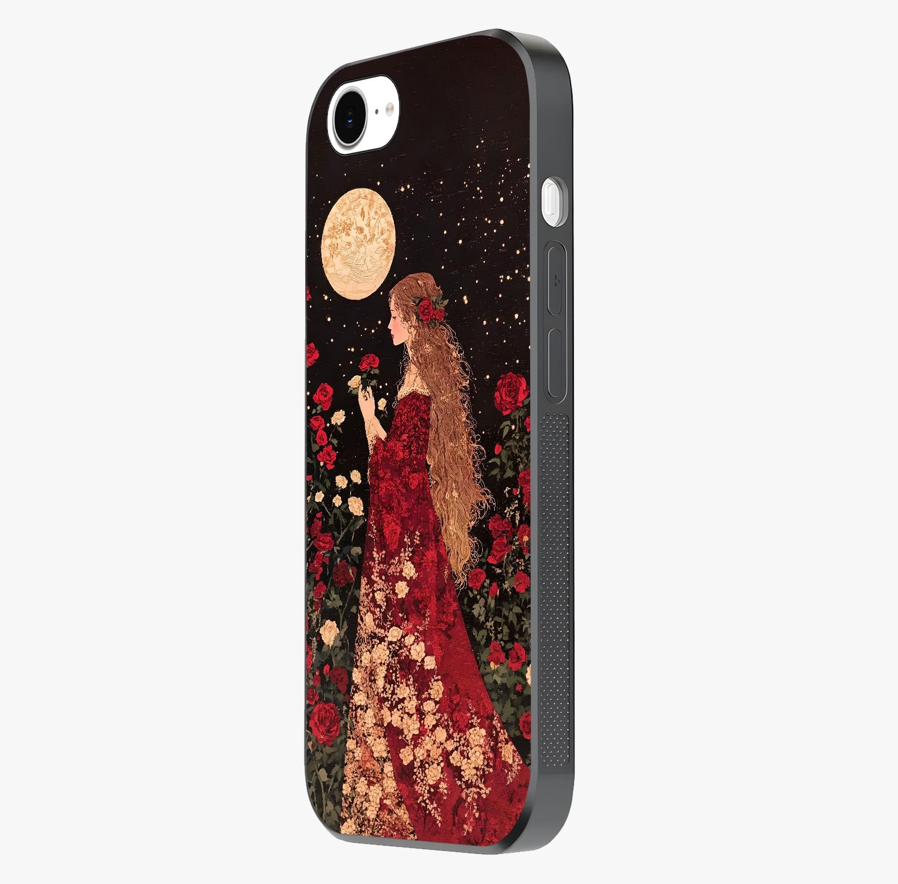 Crimson Dreams Glass Case photographed in natural light showing reflective finish and design depth.