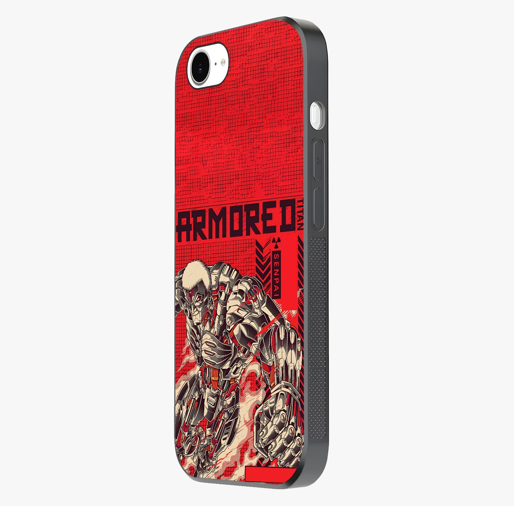 Crimson Mecha Titan Glass Case photographed in natural light showing reflective finish and design depth.