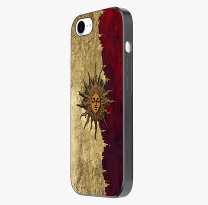 Crimson Sun Majesty Glass Case photographed in natural light showing reflective finish and design depth.