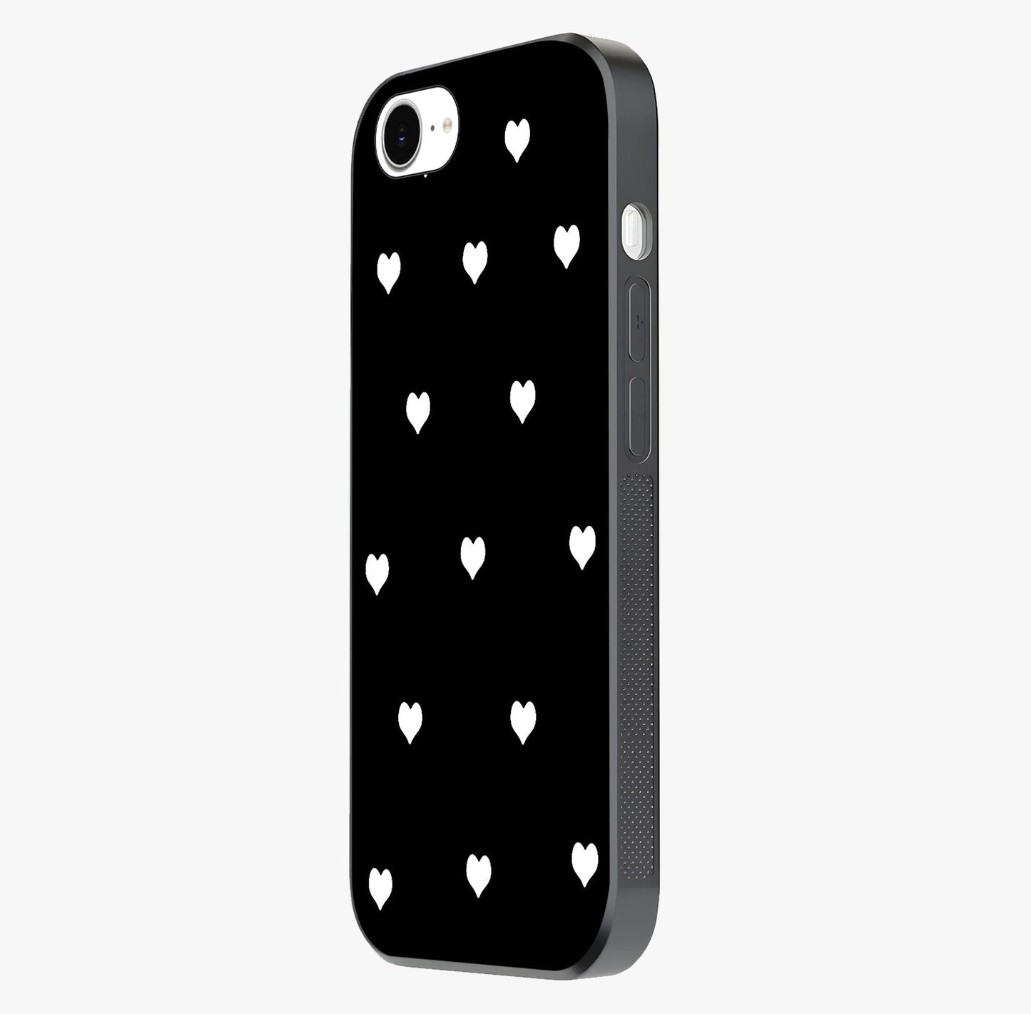 Cute And Simple White Hearts Glass Case photographed in natural light showing reflective finish and design depth.