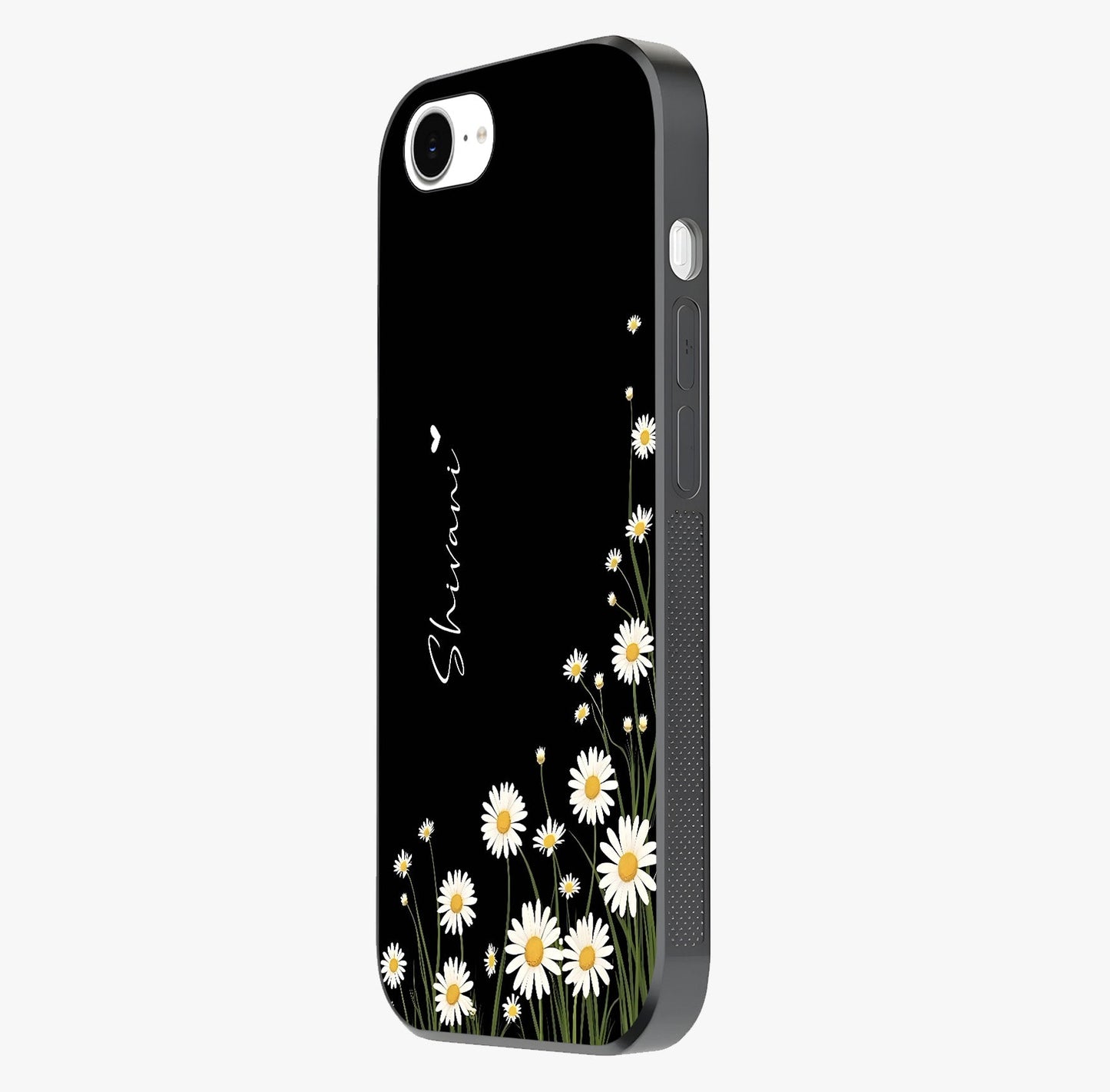 Daisy Cascade Custom Name Glass Case photographed in natural light showing reflective finish and design depth.