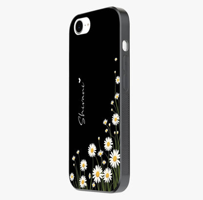 Daisy Cascade Custom Name Glass Case photographed in natural light showing reflective finish and design depth.