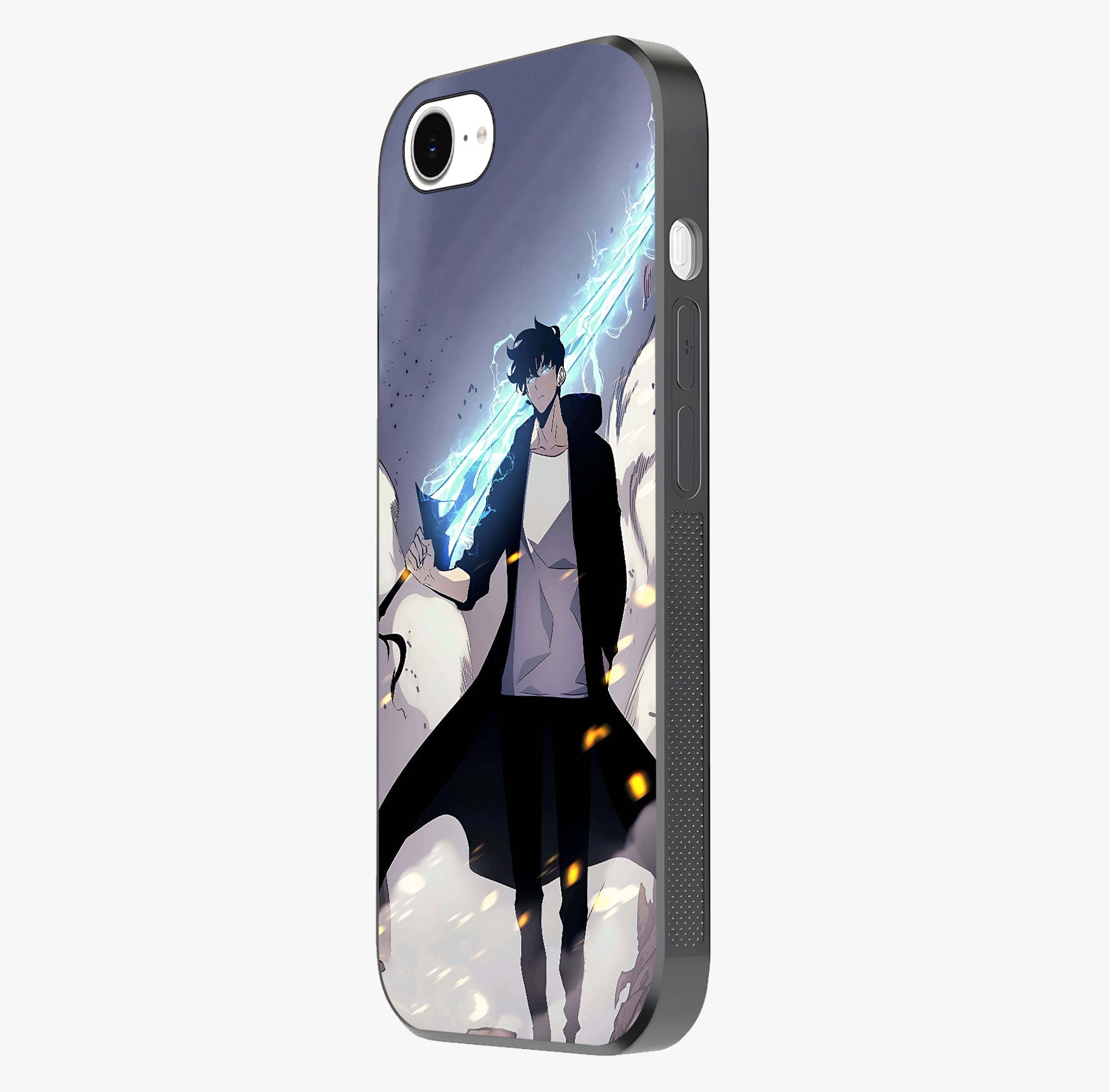 Dark Lightning Anime Warrior Glass Case photographed in natural light showing reflective finish and design depth.