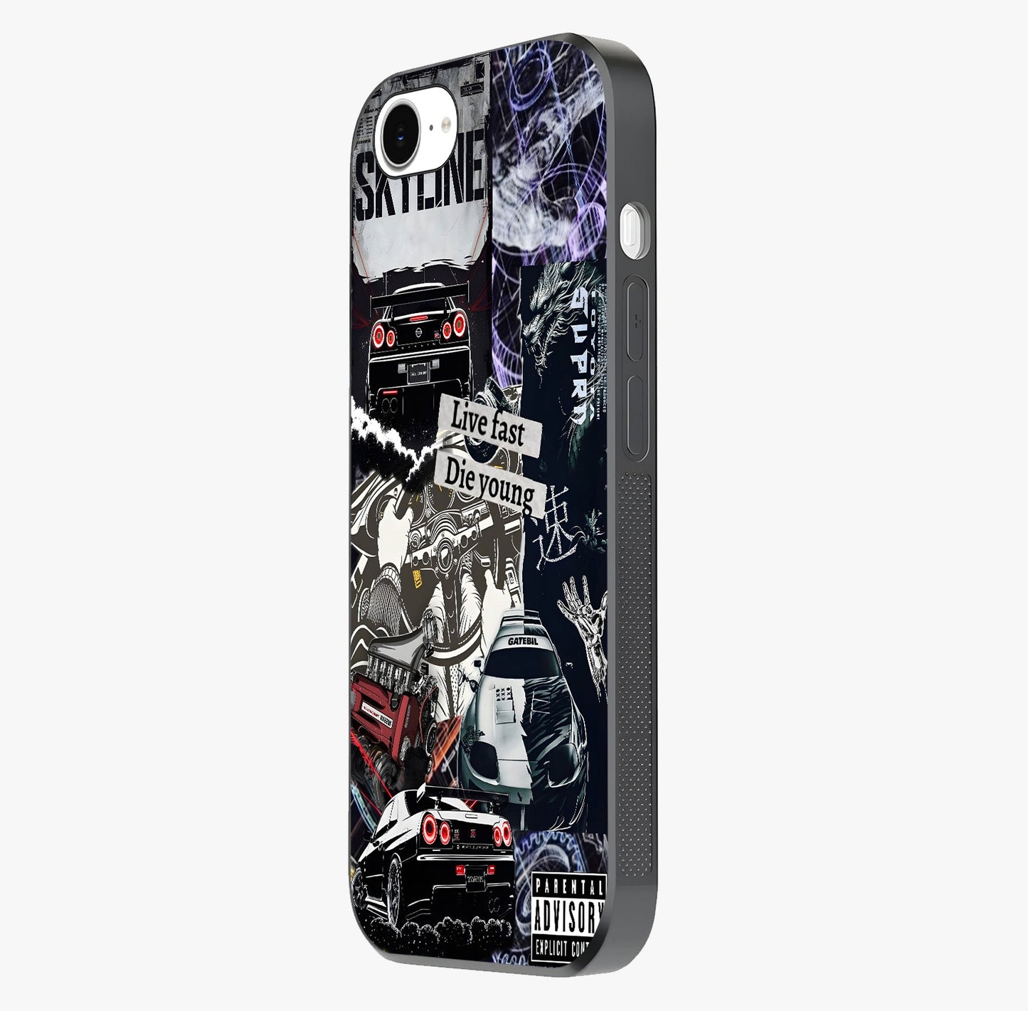 Die Young Glass Case photographed in natural light showing reflective finish and design depth.