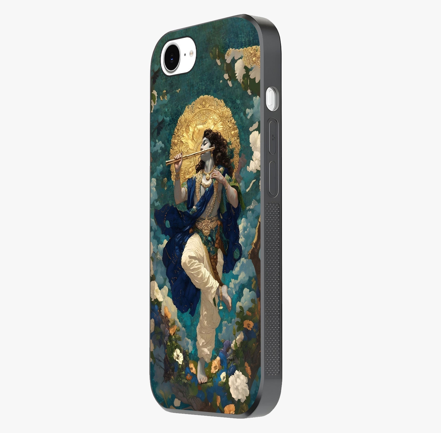 Divine Krishna Art Glass Case photographed in natural light showing reflective finish and design depth.