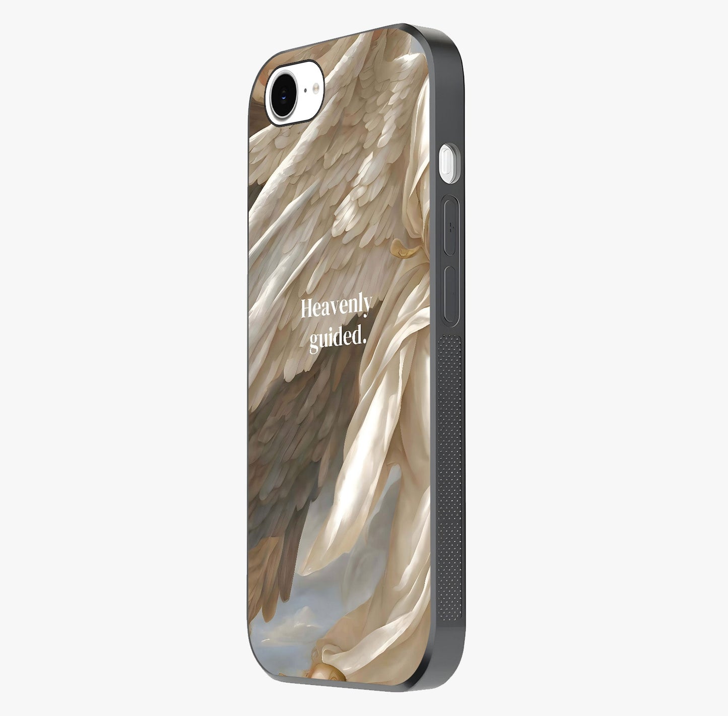 Divine Winged Grace Glass Case photographed in natural light showing reflective finish and design depth.