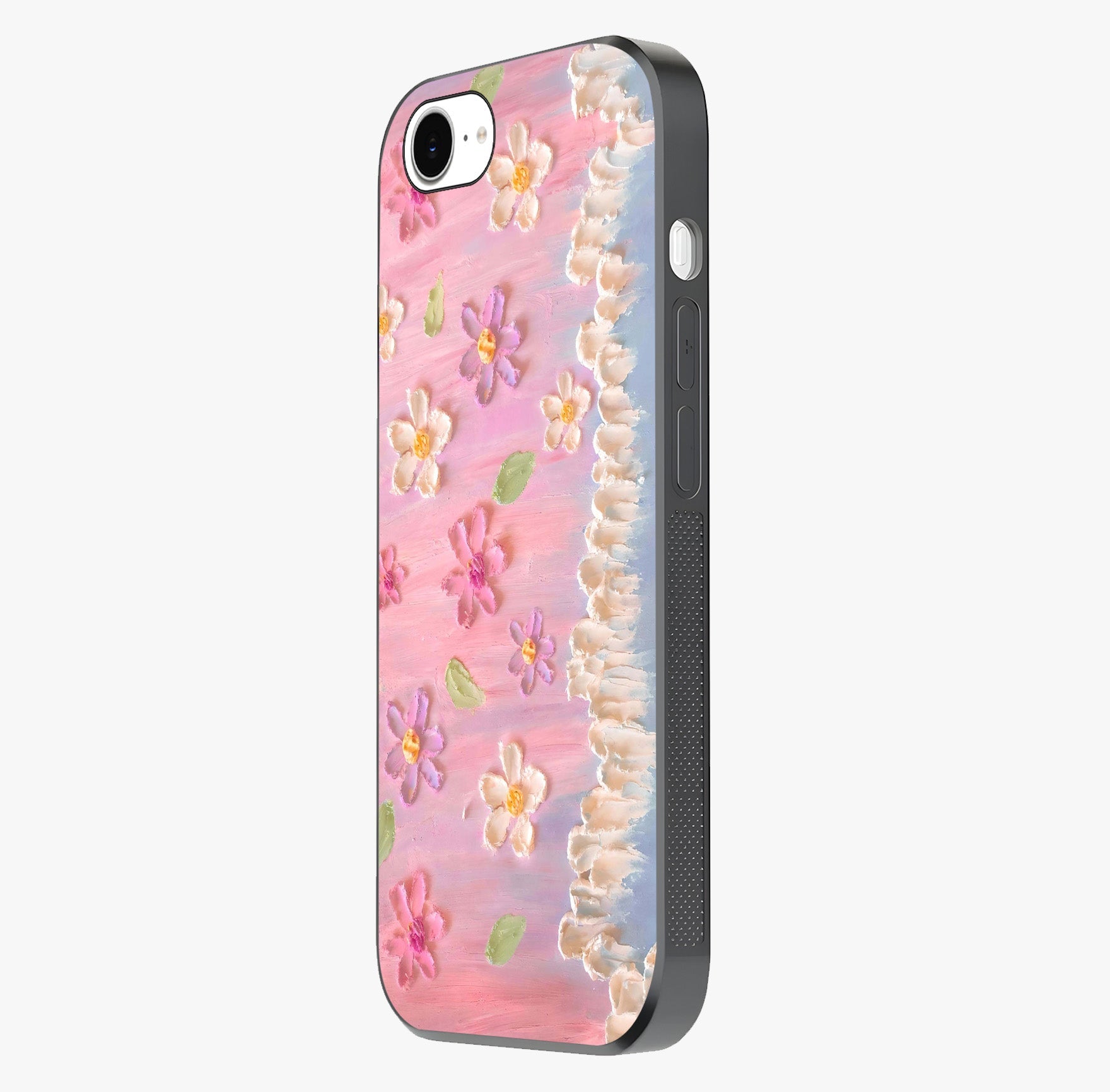 Dreamy Painted Garden Glass Case photographed in natural light showing reflective finish and design depth.