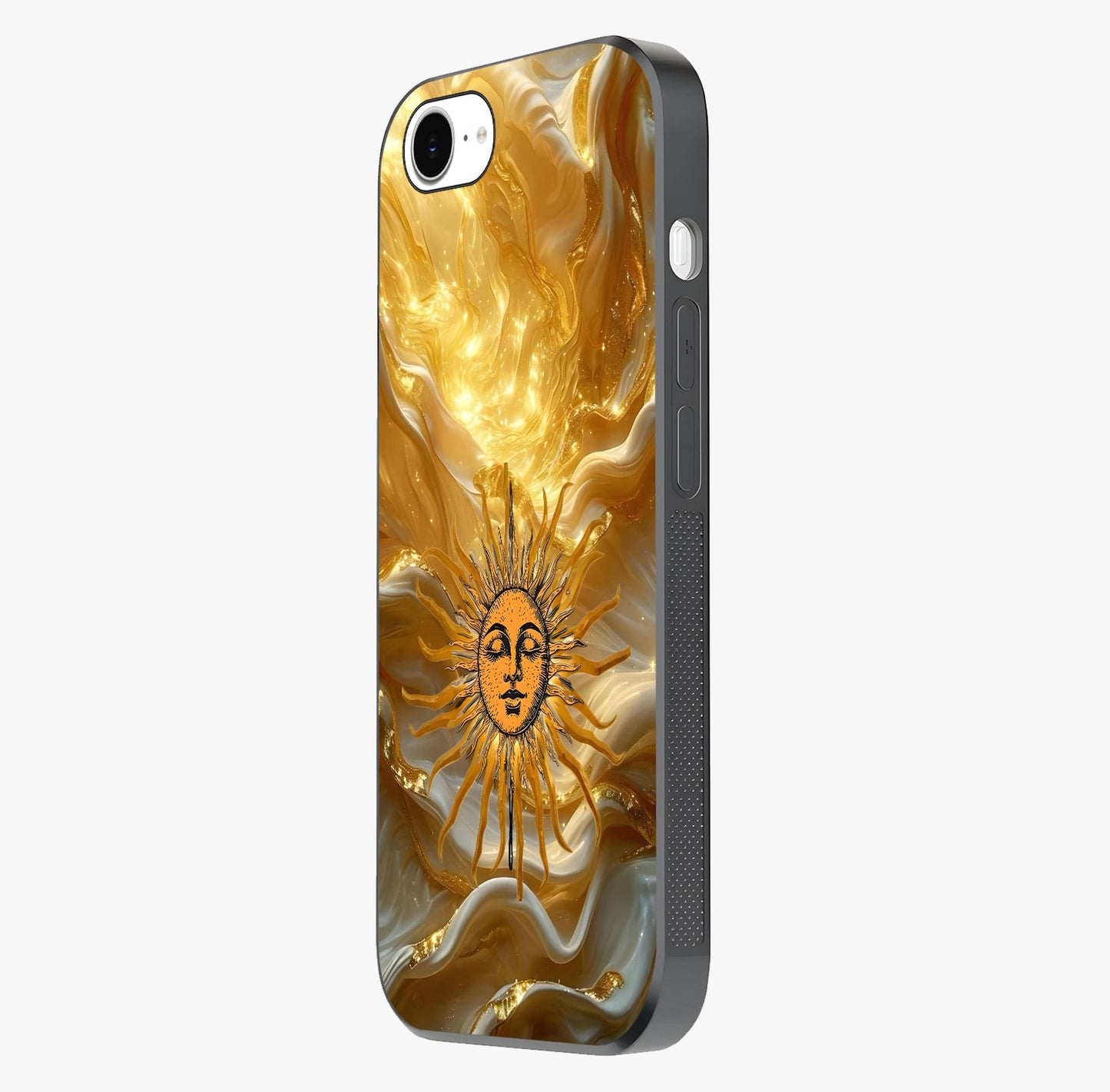 Eternal Golden Glow Glass Case photographed in natural light showing reflective finish and design depth.