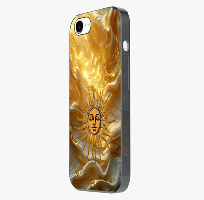 Eternal Golden Glow Glass Case photographed in natural light showing reflective finish and design depth.