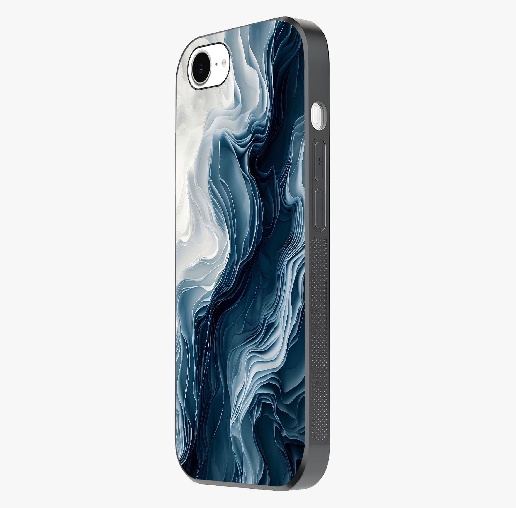 Ethereal Paper Marble Glass Case photographed in natural light showing reflective finish and design depth.