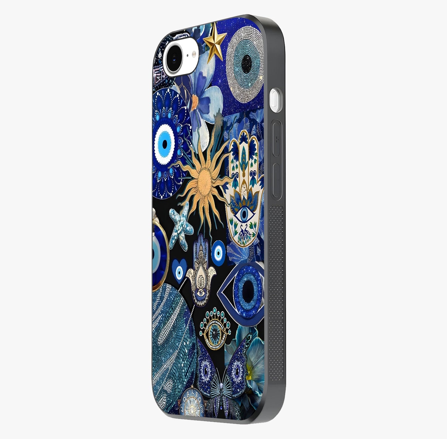 Evil Eye Charm Mix Glass Case photographed in natural light showing reflective finish and design depth.