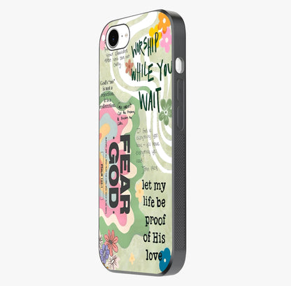 Faith Over Fear Glass Case photographed in natural light showing reflective finish and design depth.