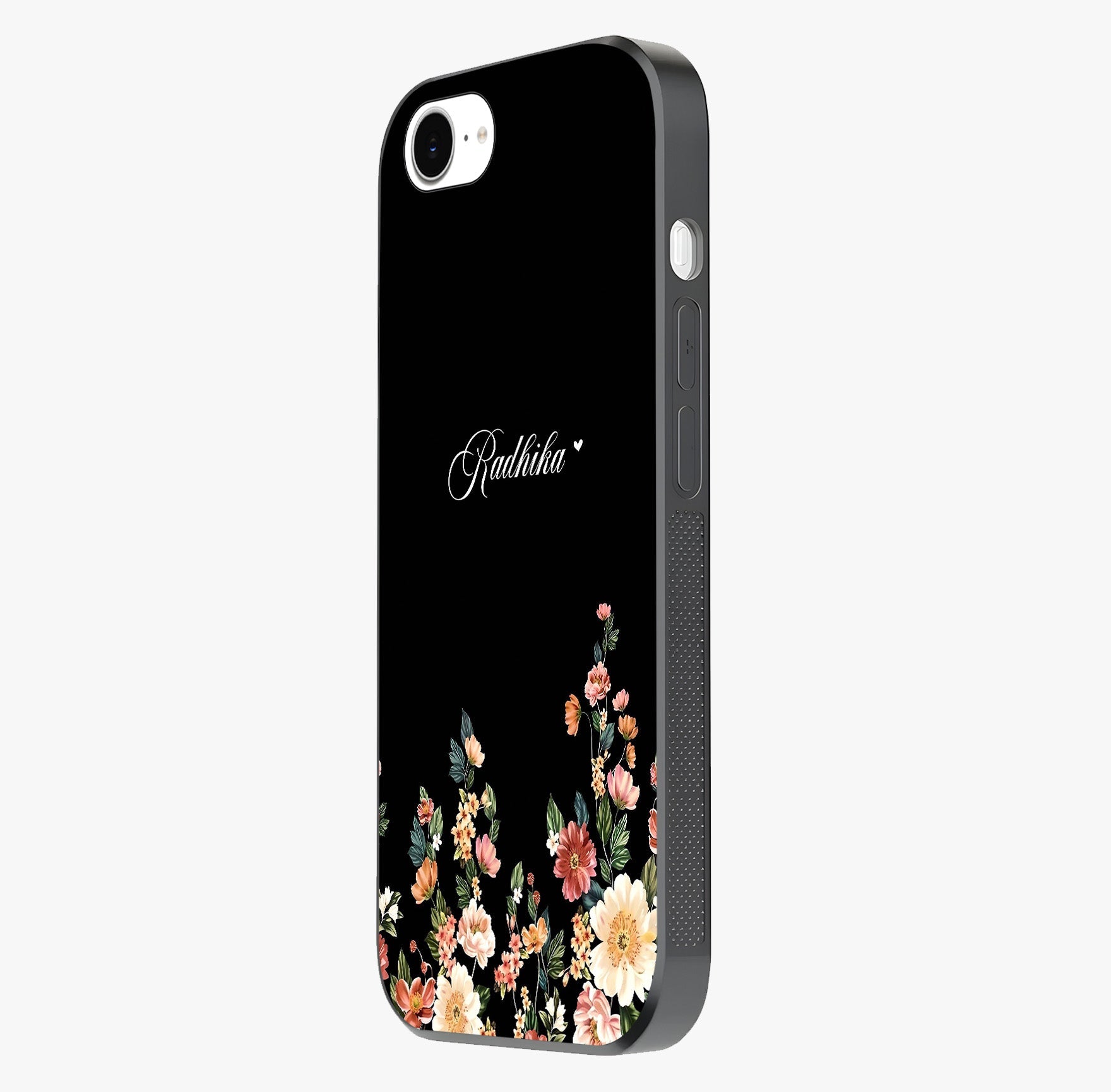 Floral Design With A Custom Personalized Name Glass Case photographed in natural light showing reflective finish and design depth.