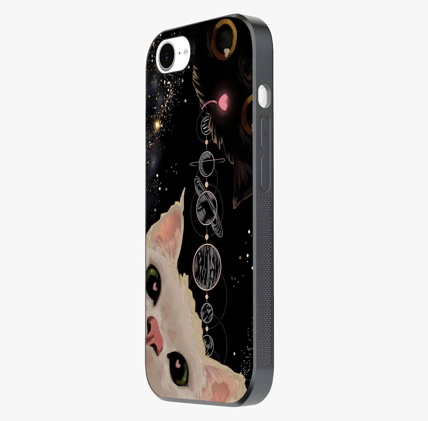 Galactic Cat Glass Case photographed in natural light showing reflective finish and design depth.