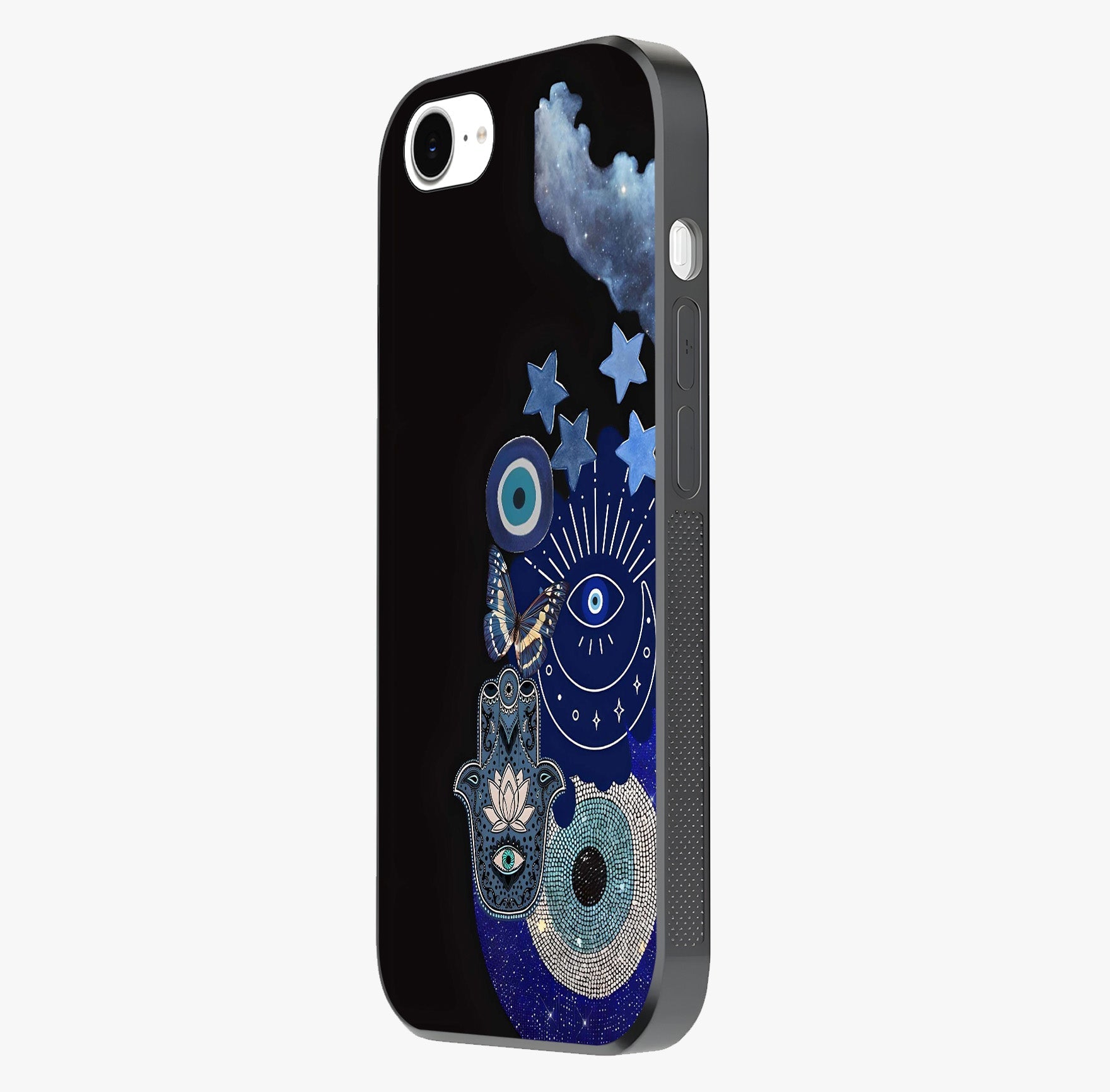 Galactic Charm Cluster Glass Case photographed in natural light showing reflective finish and design depth.