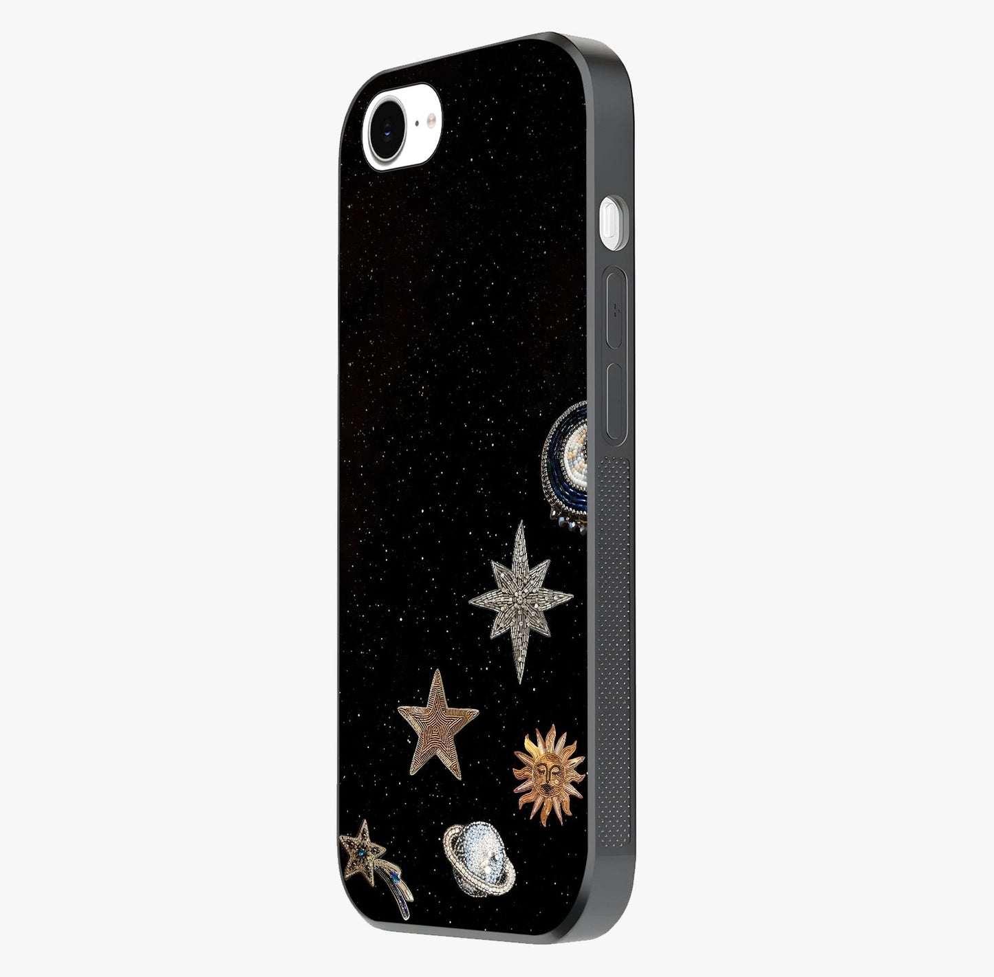 Galactic Charm Glow Glass Case photographed in natural light showing reflective finish and design depth.