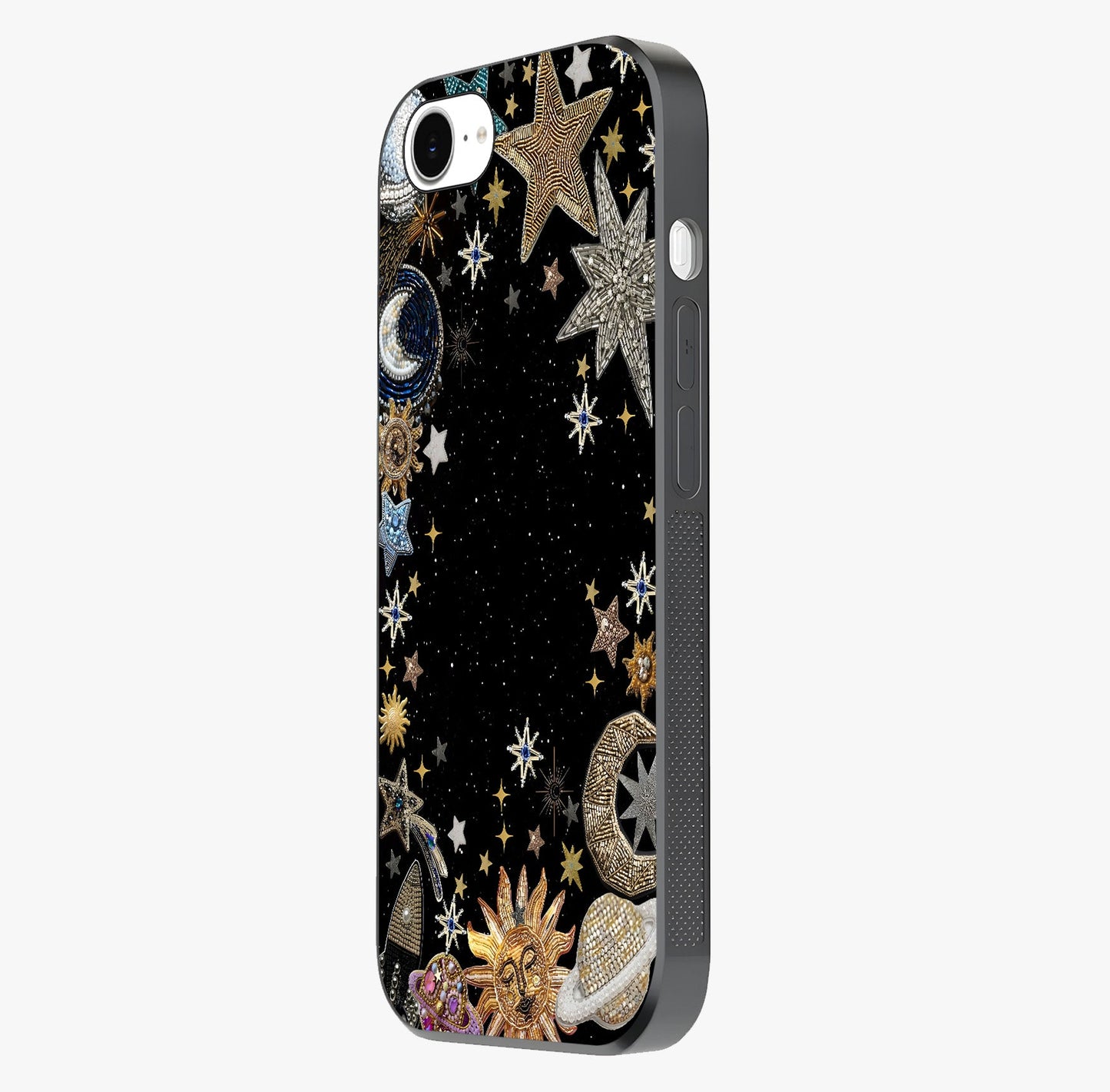 Galactic Jewel Stars Glass Case photographed in natural light showing reflective finish and design depth.