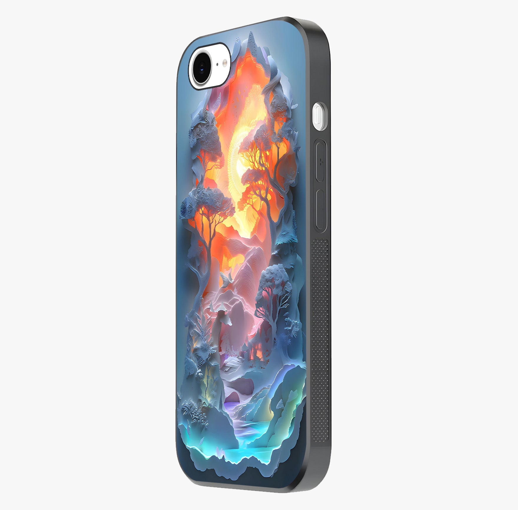 Glow Forest Portal Glass Case photographed in natural light showing reflective finish and design depth.