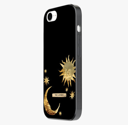 Golden Celestial Charm Glass Case photographed in natural light showing reflective finish and design depth.