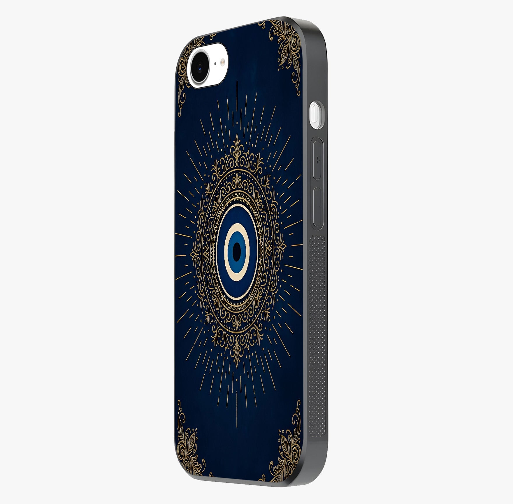 Golden Evil Eye Mandala Glass Case photographed in natural light showing reflective finish and design depth.