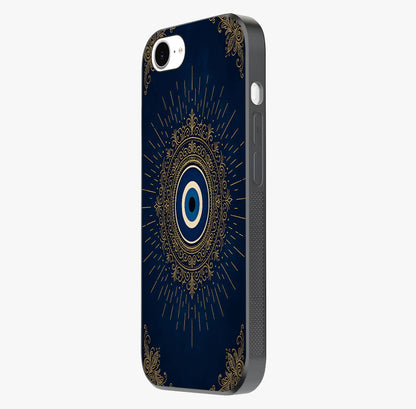 Golden Evil Eye Mandala Glass Case photographed in natural light showing reflective finish and design depth.