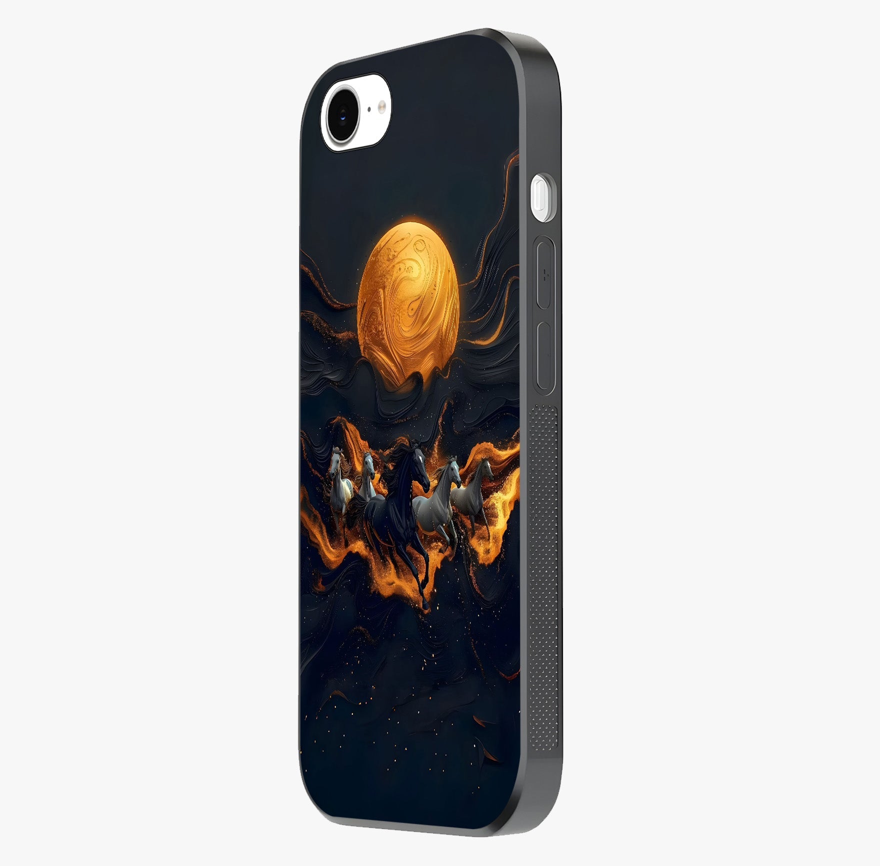 Golden Stallion Moonride Glass Case photographed in natural light showing reflective finish and design depth.
