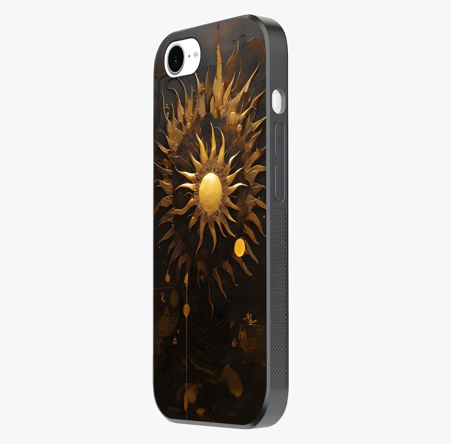 Golden Sun Majesty Glass Case photographed in natural light showing reflective finish and design depth.