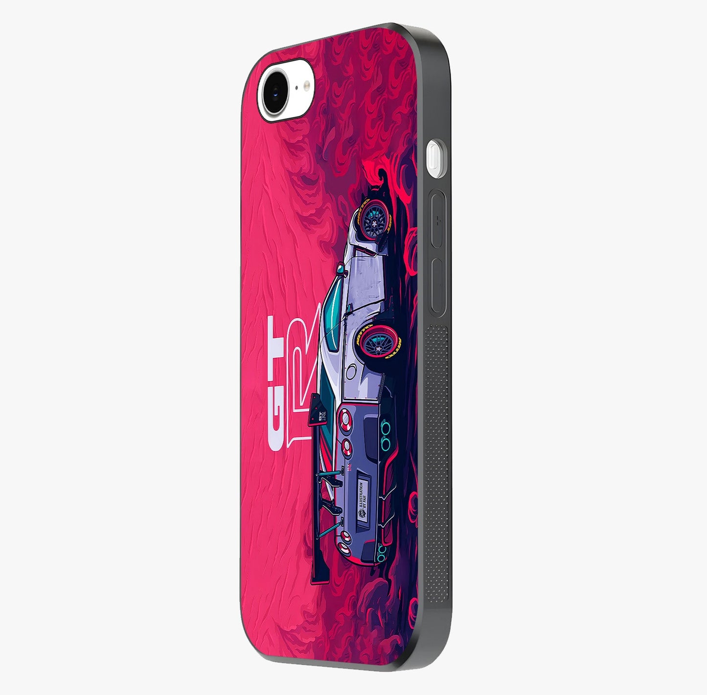 GT R Car Pattern Glass Case photographed in natural light showing reflective finish and design depth.