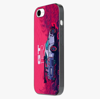 GT R Car Pattern Glass Case photographed in natural light showing reflective finish and design depth.