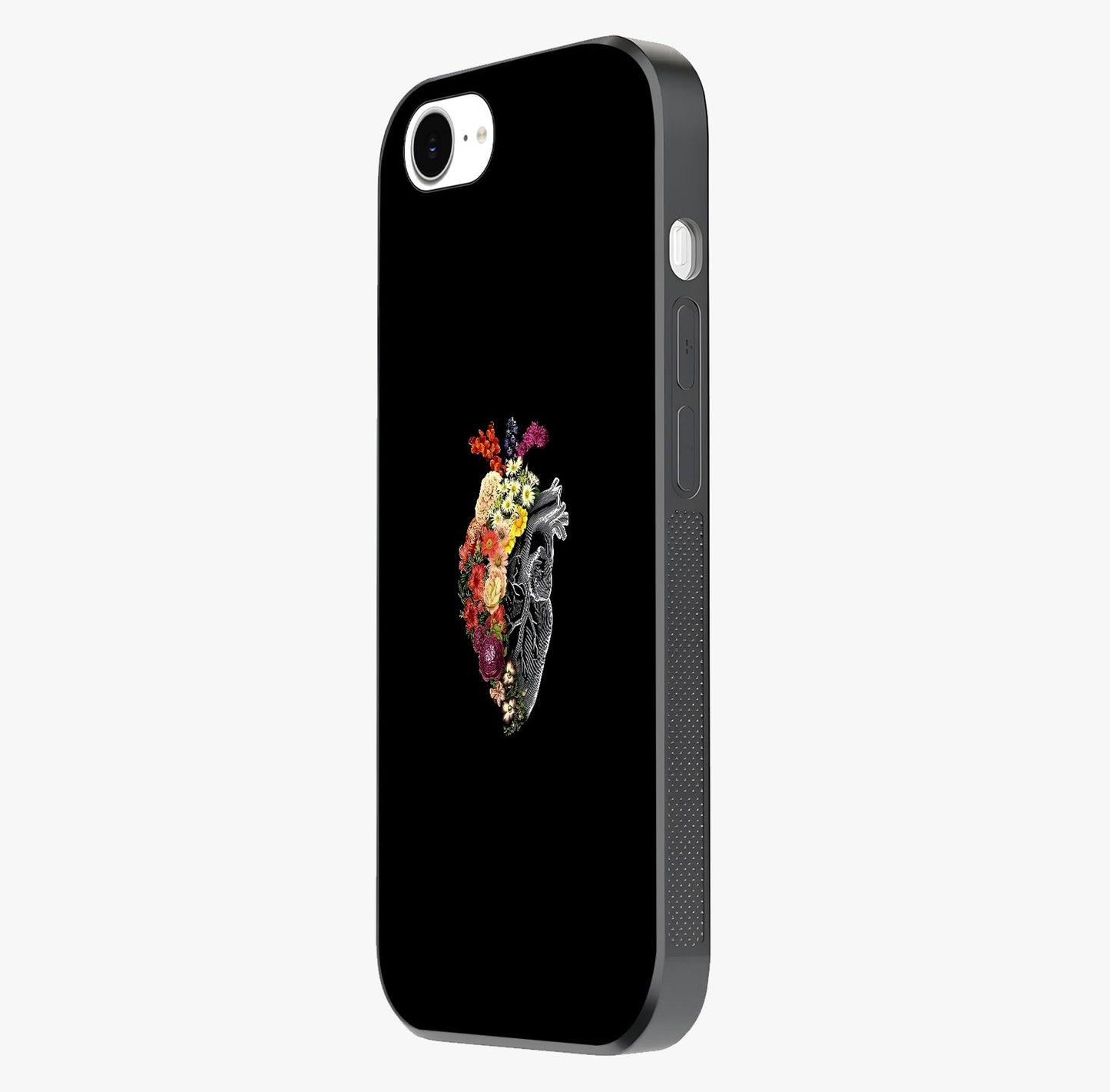 Heart With Flowers Glass Case photographed in natural light showing reflective finish and design depth.