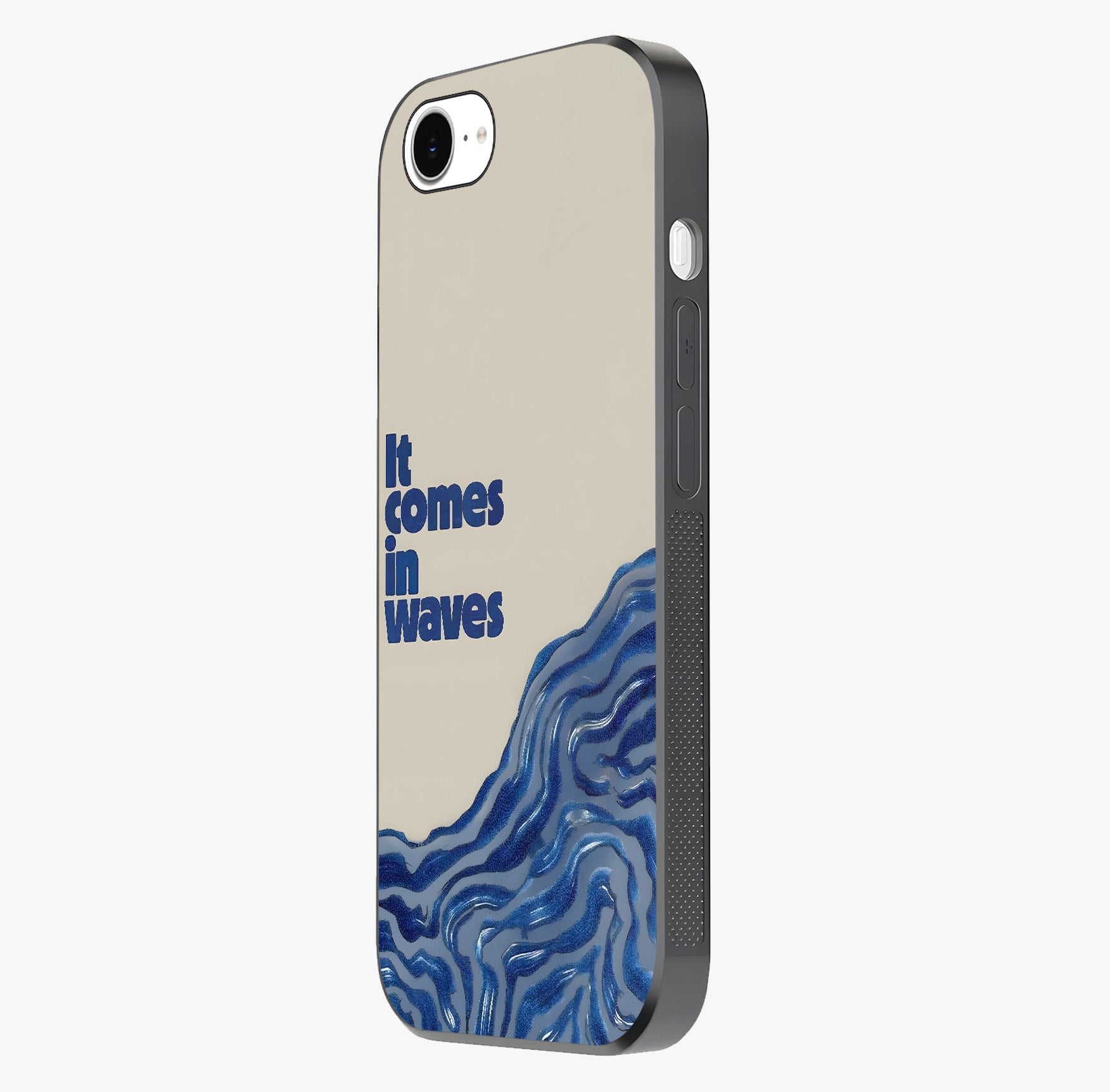 It Comes In Waves Quote Glass Case photographed in natural light showing reflective finish and design depth.