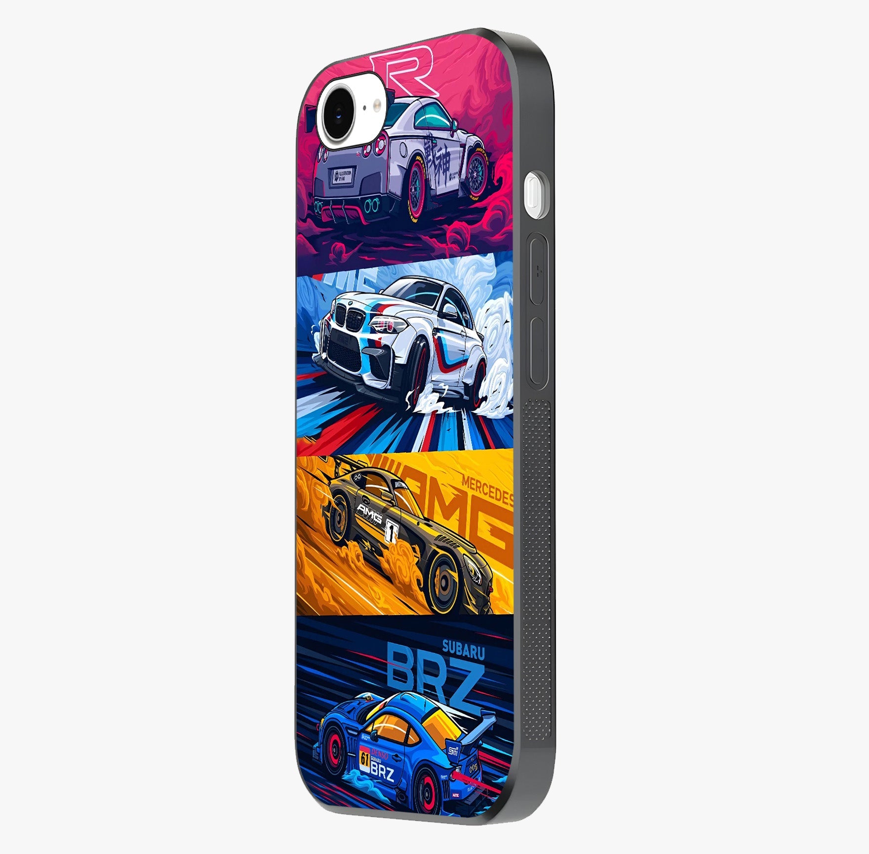 Jdm Sports Car Glass Case photographed in natural light showing reflective finish and design depth.