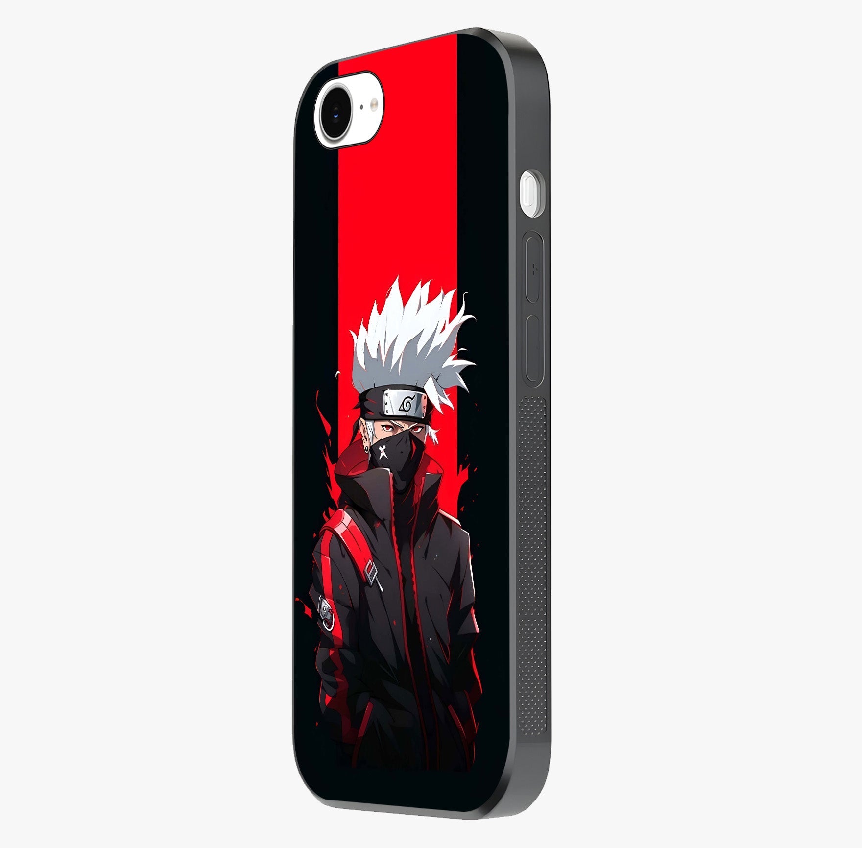 Kakashi Scarlet Shadow Glass Case photographed in natural light showing reflective finish and design depth.