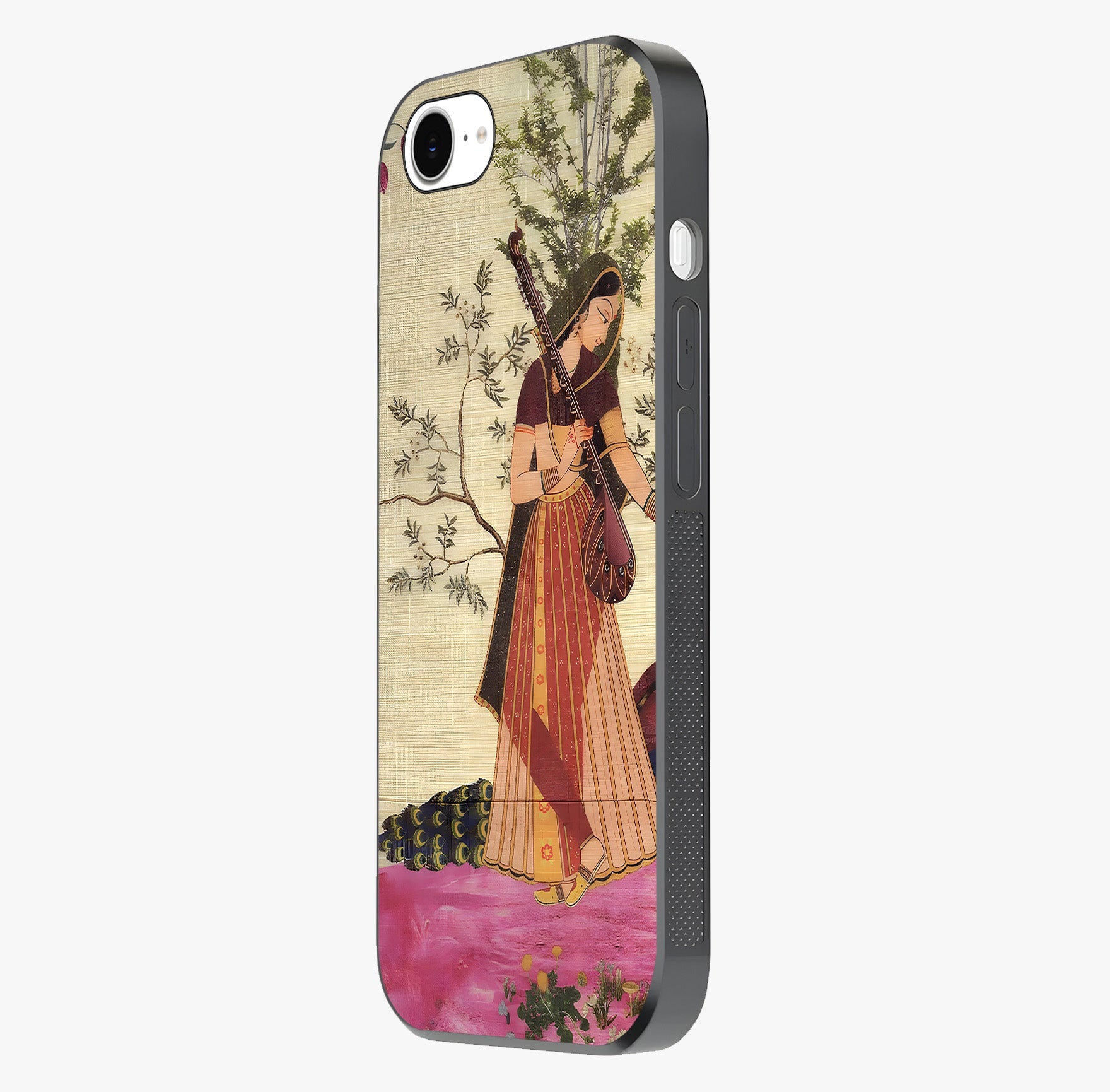 Lady With Veena Art Glass Case photographed in natural light showing reflective finish and design depth.