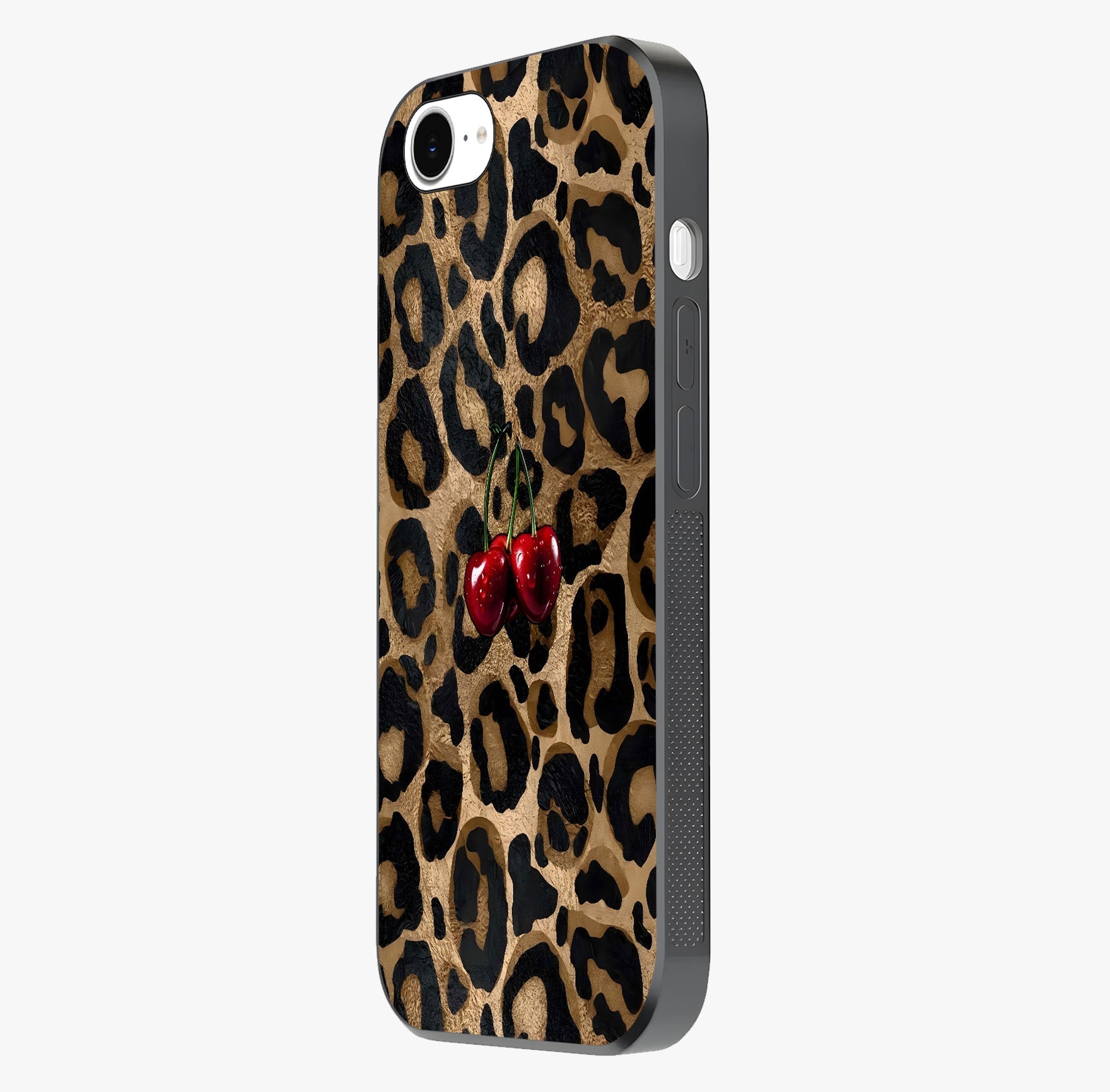 Leopard Wild Cherry Glass Case photographed in natural light showing reflective finish and design depth.
