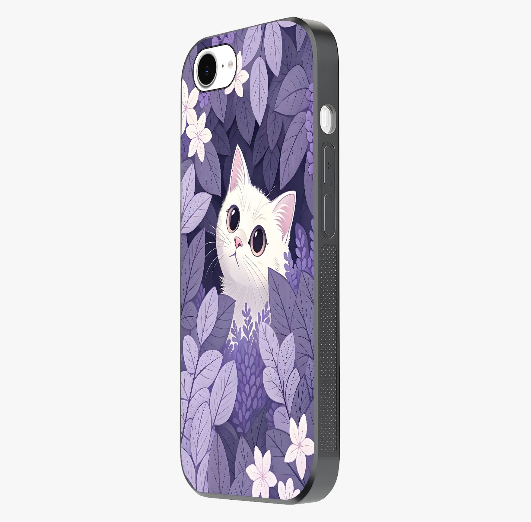 Lilac Hide Peek Cat Glass Case photographed in natural light showing reflective finish and design depth.