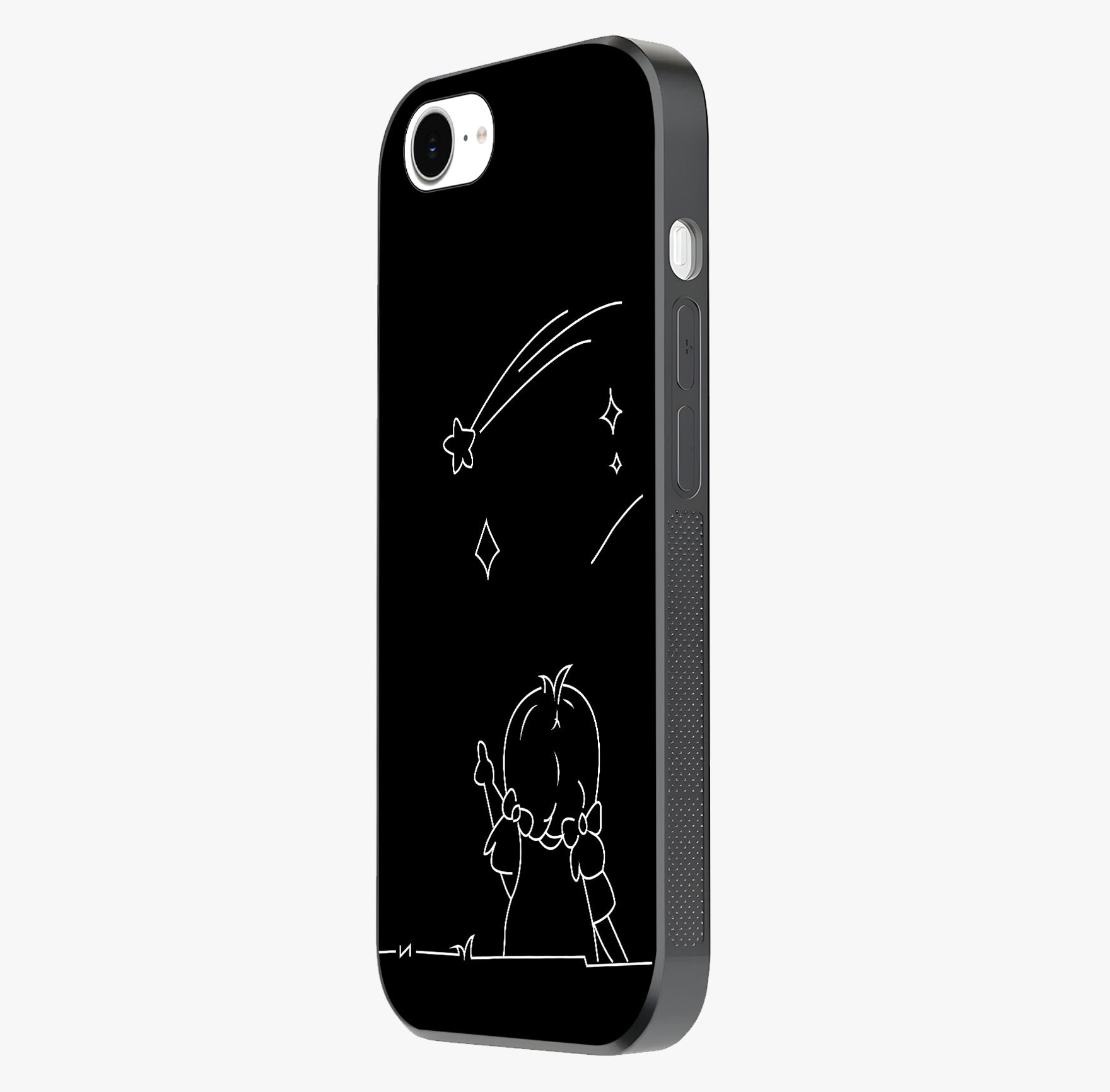 Line Art Girl With Shooting Stars Glass Case photographed in natural light showing reflective finish and design depth.