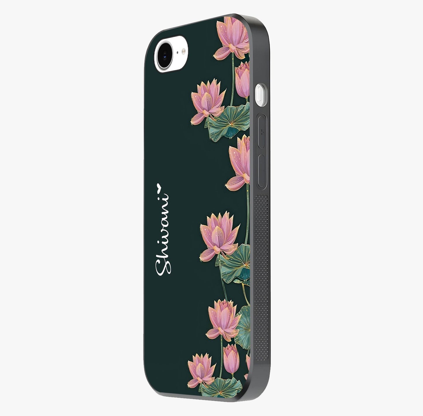 Lotus Bloom Serenity Custom Name Glass Case photographed in natural light showing reflective finish and design depth.