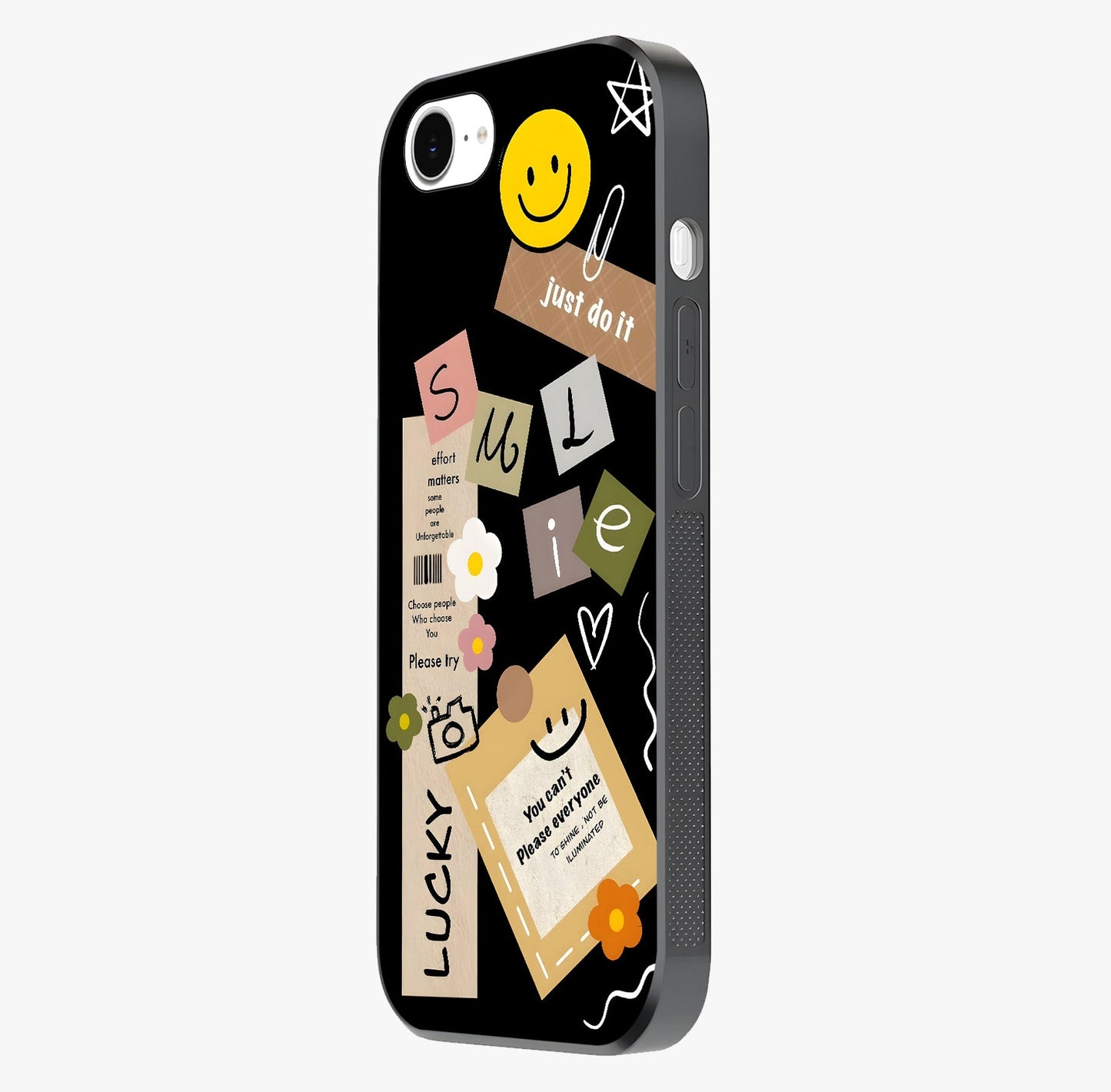 Lucky Aesthetic Collage Glass Case photographed in natural light showing reflective finish and design depth.