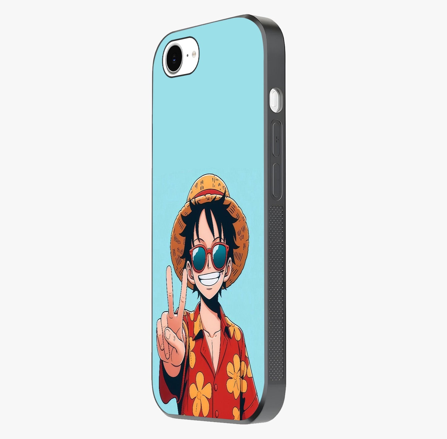 Luffy Summer Anime Vibe Glass Case photographed in natural light showing reflective finish and design depth.