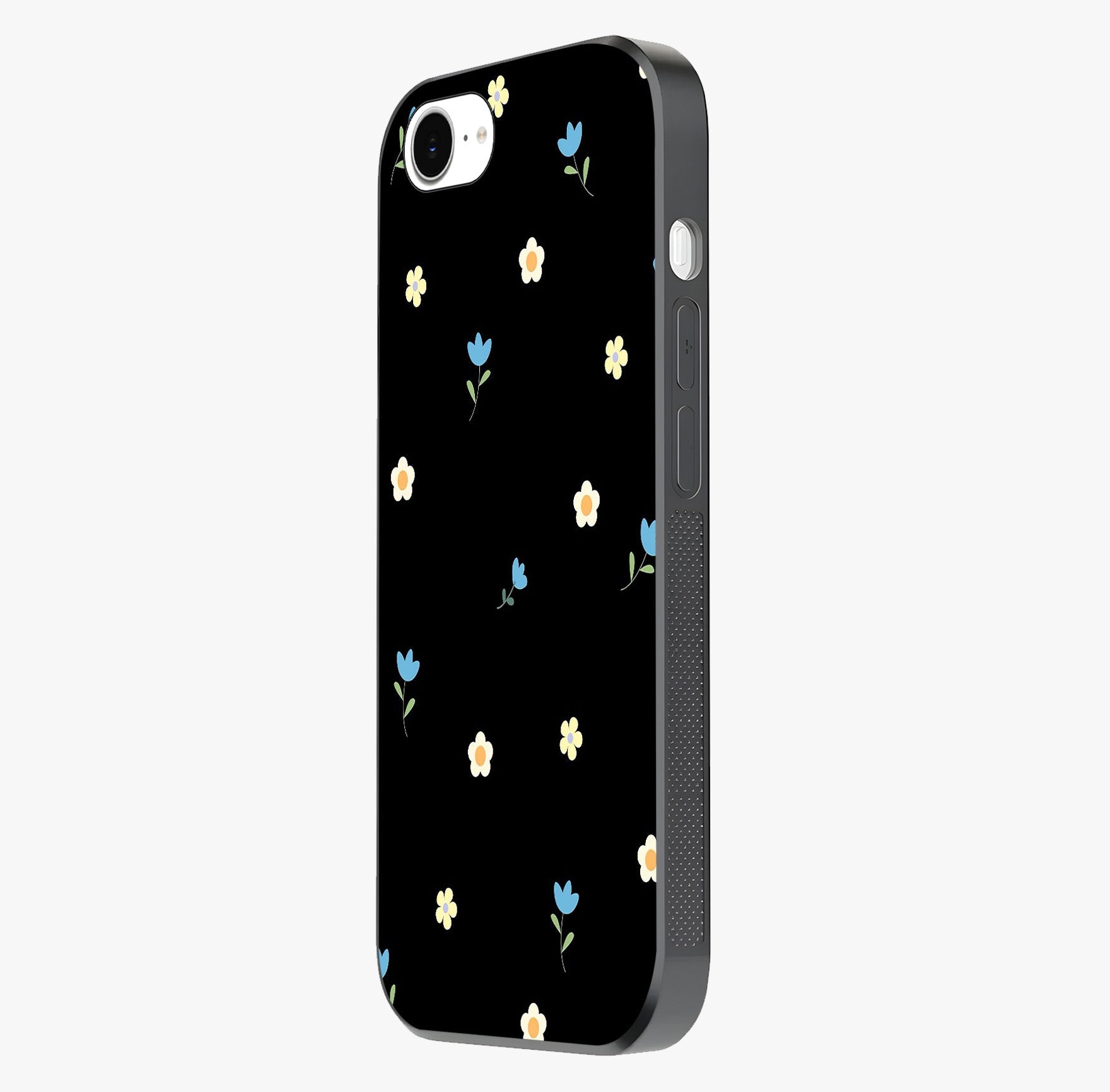 Minimalistic Blue With White Flower Pattern Glass Case photographed in natural light showing reflective finish and design depth.
