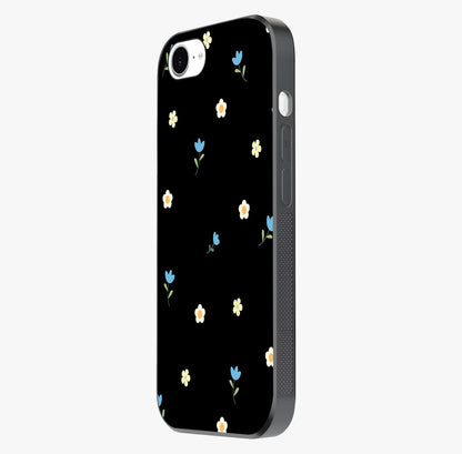 Minimalistic Blue With White Flower Pattern Glass Case photographed in natural light showing reflective finish and design depth.