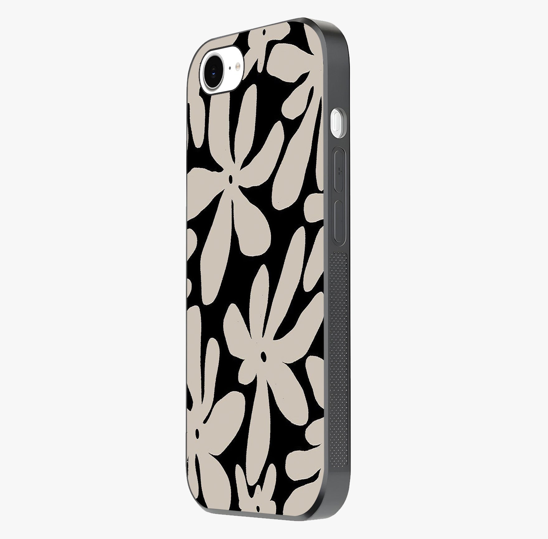 Monochrome Petal Dance Glass Case photographed in natural light showing reflective finish and design depth.