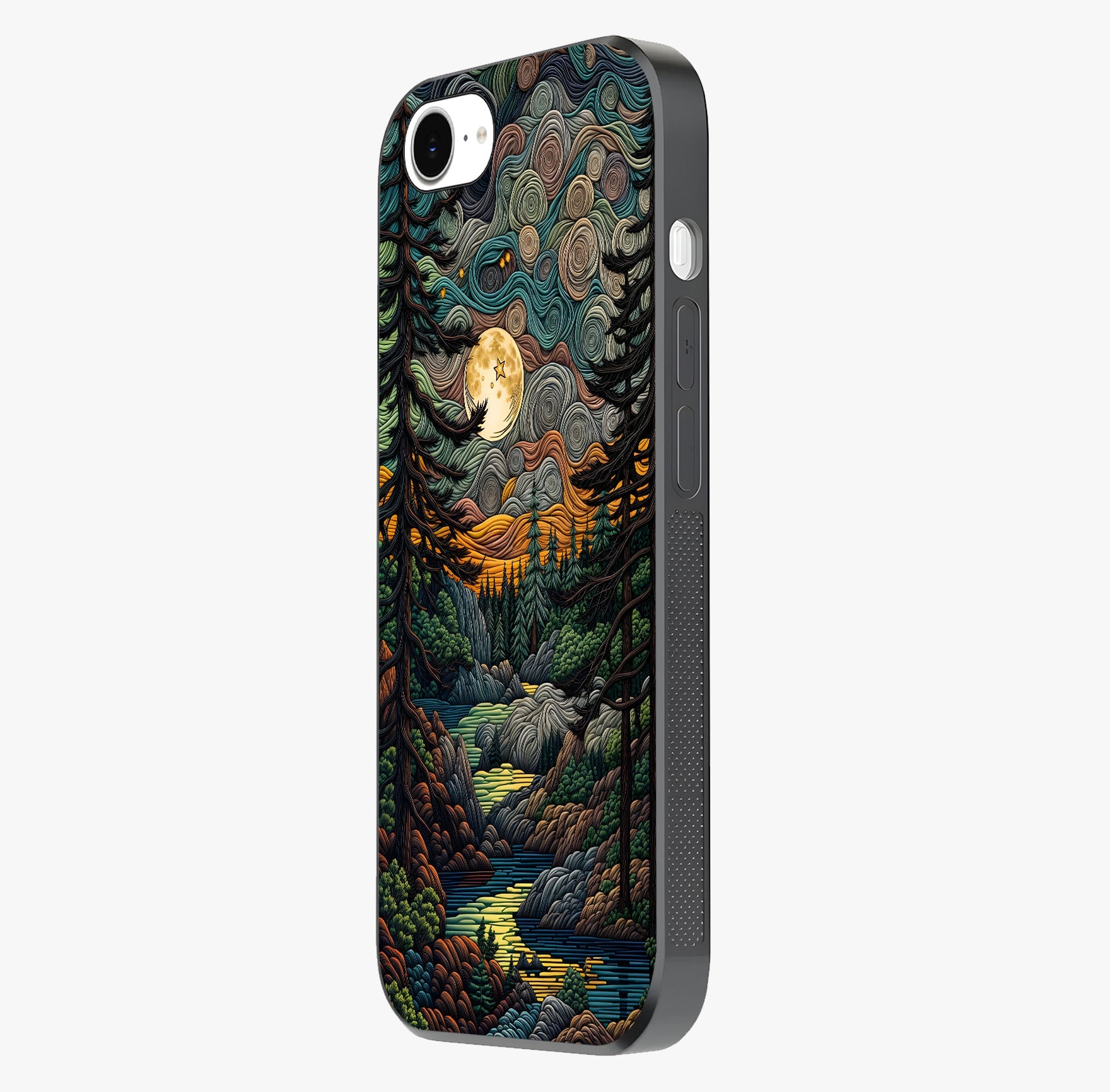 Moonlight Forest Dream Glass Case photographed in natural light showing reflective finish and design depth.