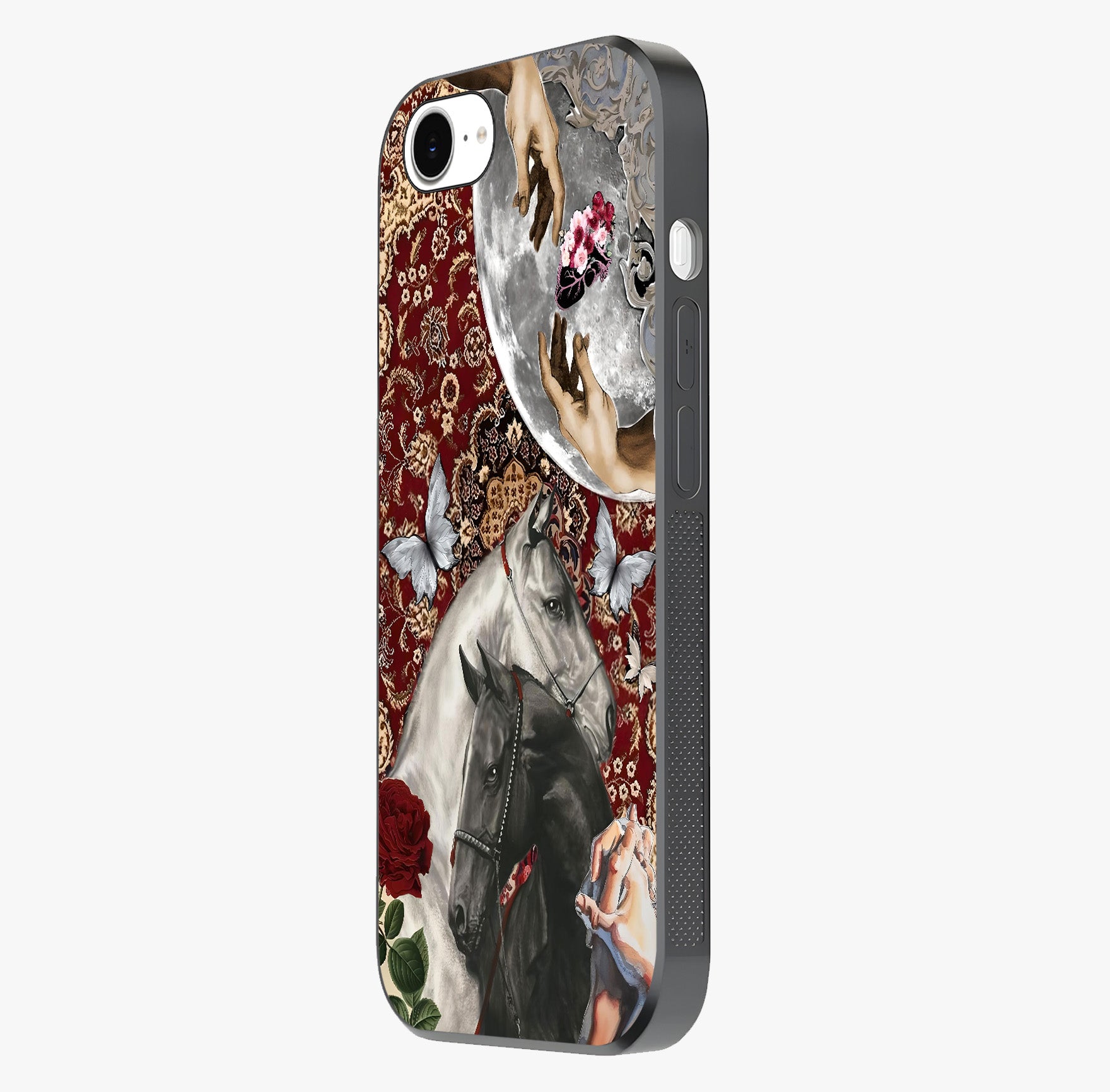 Moonlit Royal Stallion Glass Case photographed in natural light showing reflective finish and design depth.
