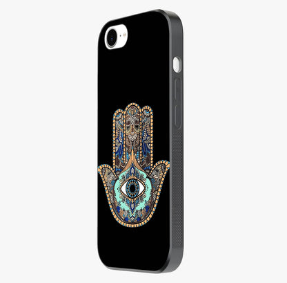 Mystic Hamsa Eye Glass Case photographed in natural light showing reflective finish and design depth.