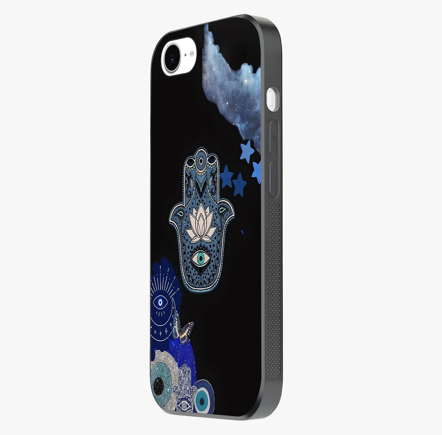 Mystic Hand Aura Glass Case photographed in natural light showing reflective finish and design depth.